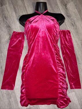 Velvet Halter Ruched Mini Dress in Hot Pink
